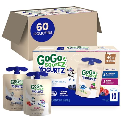GoGo squeeZ yogurtZ Variety Pack, Blueberry and Berry, 3 oz (Pack of 60), Kids Snacks Made from Real Yogurt and Fruit, No Fridge Needed, Gluten Free, Nut Free, Recloseable Cap, BPA Free Pouches