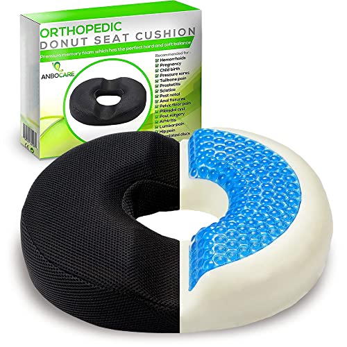 AnboCare Donut Gel Sitting Pillow - Orthopedic Memory Foam for Tailbone Pain, Hemorrhoid, Bed Sores, Postpartum, Prostate, Coccyx & Sciatica Pain