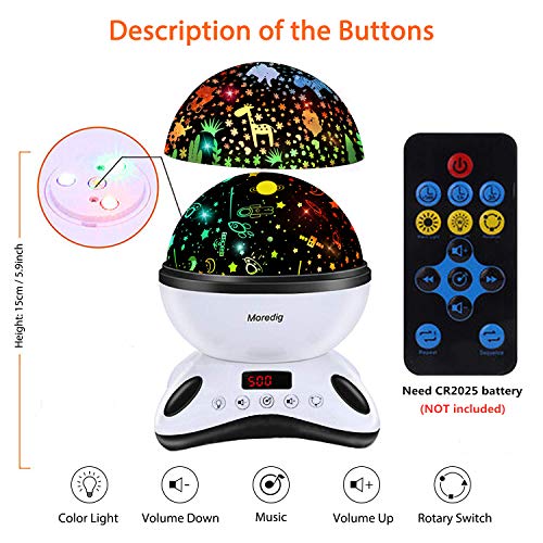 Moredig Night Light Projector Remote Control and Timer Design Projection lamp, Built-in 12 Light Songs 360 Degree Rotating 8 Colorful Lights for Children Kids Birthday, Parties - Black White