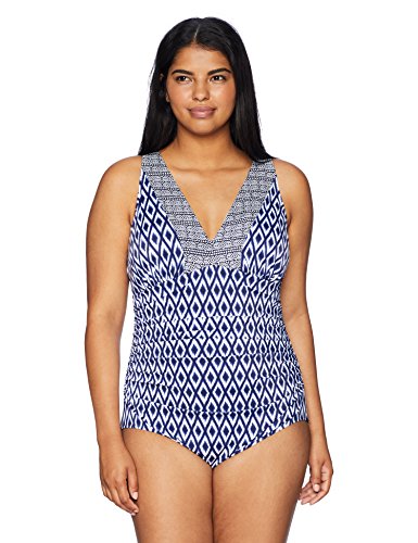 Amazon Brand - Coastal Blue Women's Plus Size Control Swimwear V-Neck One Piece Swimsuit, Diamond Daze, 1X