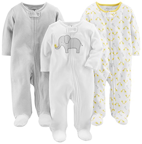 Simple Joys by Carter's Unisex Babies' Cotton Footed Sleep and Play, Pack of 3, Elephant/Stripe/Giraffe, Preemie