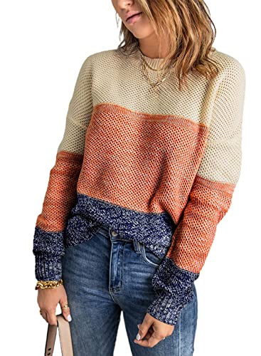 Lovezesent Womens Long Sleeve Oversized Pullover Sweaters Striped Color Block Crewneck Knit Jumper Sweater for Leggings Brown XL
