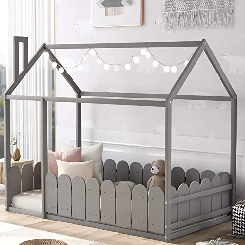 MERITLINE House Bed Twin Size Kids Bed Frame with Roof and Fence, Box Spring Needed