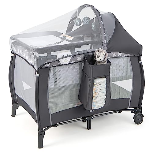 BABY JOY 4 in 1 Pack and Play, Portable Baby Playard with Bassinet, Adjustable Canopy, Changing Table, Lockable Wheels, Glowing Music Box, Travel Baby Crib Bassinet Bed from Newborn to Toddler