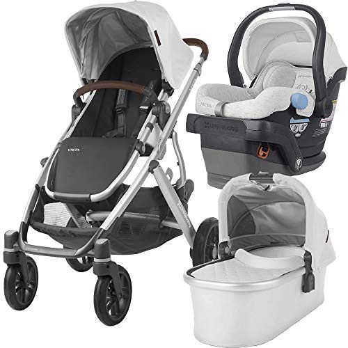 UPPAbaby 2018/19 model Vista Stroller-Bryce (White Marl/Silver/Chestnut Leather), includes MESA Infant Car Seat-Bryce (White & Grey Marl)
