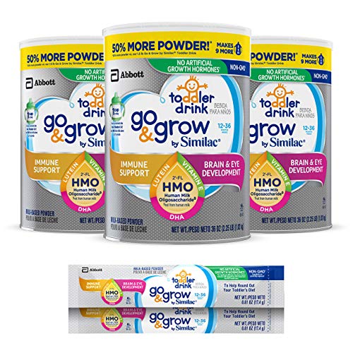 Go & Grow by Similac Toddler Drink, 3 Cans, with 2’-FL HMO for Immune Support and 25 Key Nutrients to Help Balance Toddler Nutrition, Non-GMO Milk-Based Powder, 36 oz Each + 2 On-The-Go Stickpacks