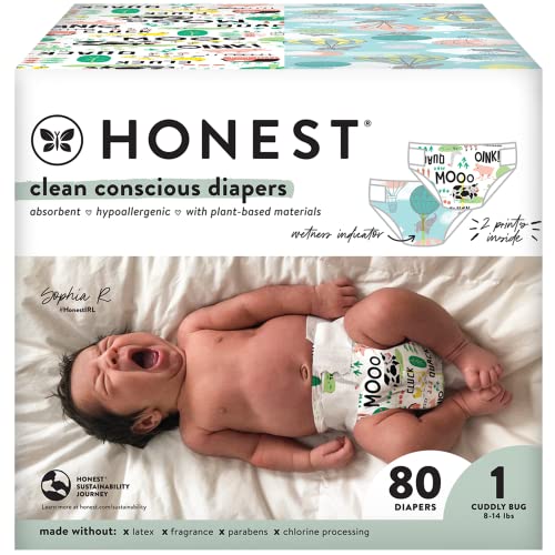 The Honest Company Clean Conscious Diapers | Plant-Based, Sustainable | Above It All + Barnyard Babies | Club Box, Size 1 (8-14 lbs), 80 Count