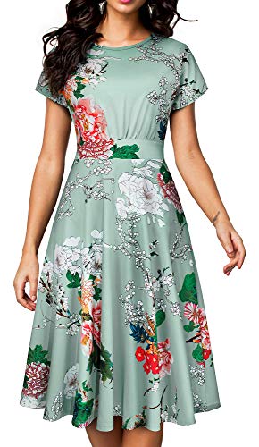 HOMEYEE Women's Short Sleeve Floral Casual Aline Midi Dress A102 (4, Light Green)