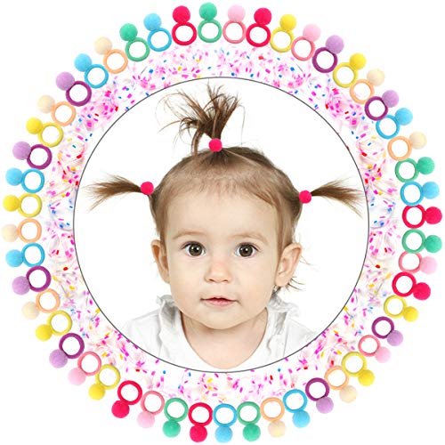 YASUNMI 50pcs Pom Pom Baby Hair Ties+200pcs Rubber Bands, Cute Colorful Fluffy Elastic Pom Ball Hair Bands, Seamless No Crease Elastic Cotton Hair Accessories for Girls, Toddler, Kids (Random Colors)