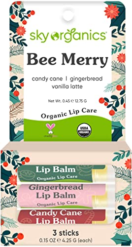 USDA Organic Lip Balm Trio by Sky Organics (3 Sticks) Winter Flavors Gift Pack Cruelty-Free Candy Cane, Gingerbread, Vanilla Latté Lip Balm Gift Set for Dry Lips Limited Edition Made In USA