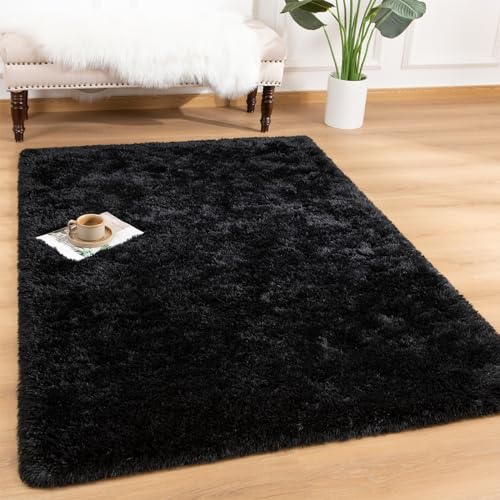 Andecor Soft Fluffy Bedroom Rugs, 4 x 6 Feet Indoor Shaggy Plush Area Rug for Boys Girls Kids Baby College Dorm Living Room Home Decor Floor Carpet, Black