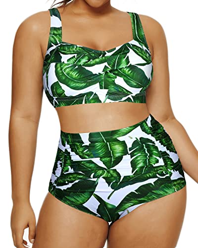 Daci Women Plus Size High Waisted Bikini Two Piece Tummy Control Swimsuits Twist Front Retro Bathing Suits Green Leave 16 Plus