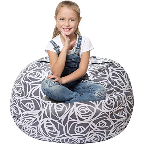 5 STARS UNITED Stuffed Animal Storage Bean Bag – Toy Storage Organizer and Bean Bag Chair for Kids Holds up to 90+ Plush Toys – Cotton Canvas Bags Cover for Boys and Girls Ages 4-11, Grey Roses