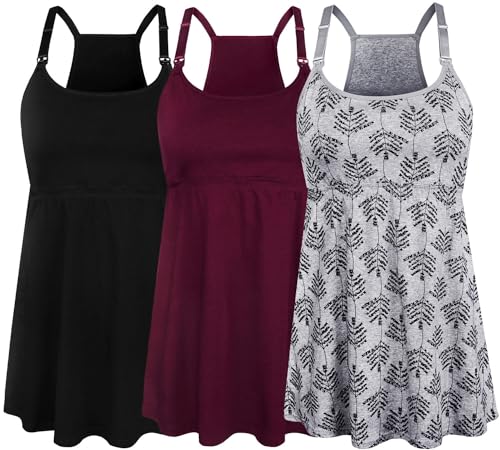 SUIEK Women's Nursing Tank Top Cami Maternity Bra Breastfeeding Shirts (Medium, Black+Burgundy+Grey Print)