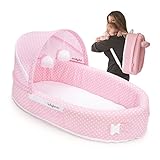 Lulyboo Baby Lounger To Go - Foldable Travel Bassinet - With Canopy, Toy-Bar And Plush Toys (Blue)