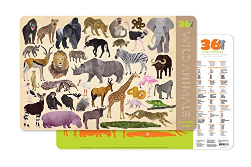 Crocodile Creek 2843-4 36 Animals/Wild Animals 2-Sided Placemat Children's Placemat, Tan, Green, Orange, Brown, Pink