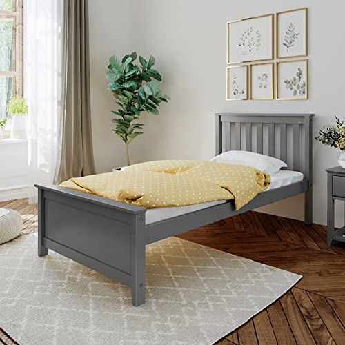Max & Lily Twin Bed Frame with Slatted Headboard, Solid Wood Platform Bed for Kids, No Box Spring Needed, Easy Assembly, Grey