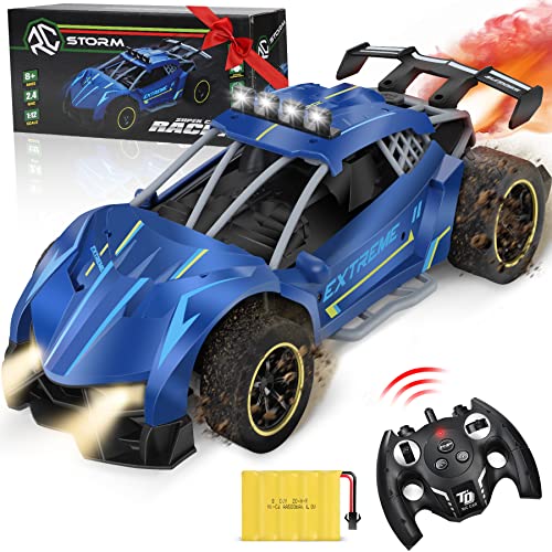 RC Cars - 1:12 Remote Control Car with Spray and LED Light, Remote Control Car for Boys 8-12 Girls Adult 2.4GHz All Terrain Monster Truck with Rechargeable Battery Racing Car Toy Car for Christmas