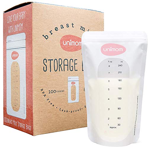 Unimom Breastmilk Storage Bags - 8oz – Zip-Top Leak Proof Closure - Self Standing, BPA Free, Pre Sterilized - Graduated Measurement Markings – Easy Tear for Pouring (100 Count)