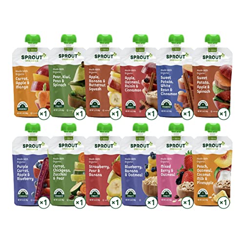 Sprout Organic Baby Food, Stage 2 Pouches, 12 Flavor Fruit Veggie & Grain Variety Sampler, 3.5 Oz (Pack of 12)