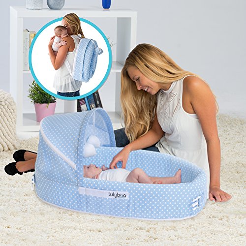 Lulyboo Baby Lounger To Go - Foldable Travel Bassinet - With Canopy, Toy-Bar And Plush Toys (Blue)