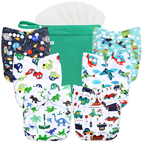 Wegreeco Washable Reusable Baby Cloth Pocket Diapers 6 Pack + 6 Rayon Made from Bamboo Inserts (with 1 Wet Bag, Car, Airplane)
