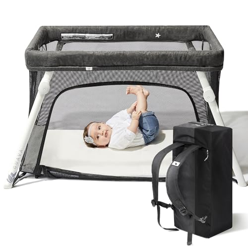 Guava Family Lotus Travel Crib | Certified Baby Safe Portable Crib with Mattress | Folding Portable Playpen for Babies & Toddlers | Play Yard with Lightweight Backpack Design | Compact Baby Travel Bed