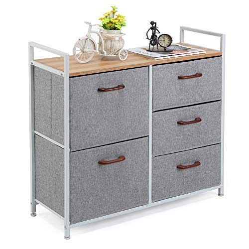 MaidMAX Storage Cube Dresser Home Dresser Storage Tower Constructed by Painted Steel, Wooden Top and 5 Foldable Cloth Storage Cubes, Gray