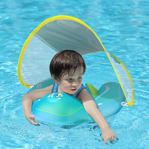 Free Swimming Baby Infant Pool Float with Sun Canopy Inflatable Baby Swimming Floatie with Sponge Safety Bottom Support Water Toys Swim Trainer for Age of 3-72 Months (Blue, Large)