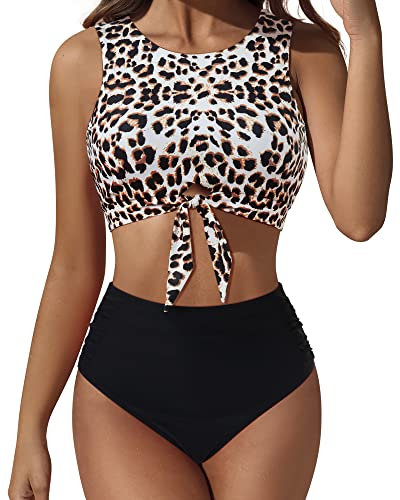 SUUKSESS Tie Knot Bikini Sets for Women Scoop Neck Tankini High Waist Swimsuits (X-Large, Cheetah)