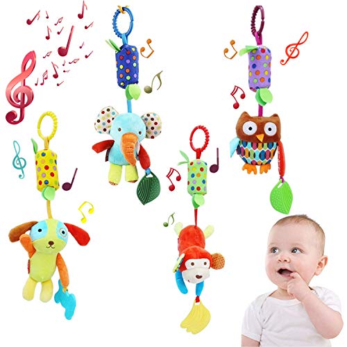 Binen Baby Toy Soft Hanging Rattle Learning Toy with Teethers Plush Animal C-Clip Ring Infant Newborn Stroller Car Seat Crib Travel Activity Wind Chimes Hanging Toys for Boys Girls, 4 Pack