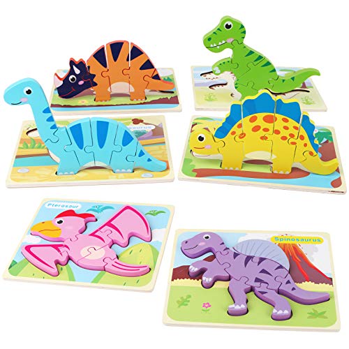 SYNARRY 6 Pack Dinosaur Wooden Puzzles for Kids 2-5, Wooden Puzzles for Toddlers, Dinosaur Puzzles for Toddlers 2 3 4 5 Year Old, 3D Dinosaur Puzzles Educational Preschool Toys for Boys and Girls