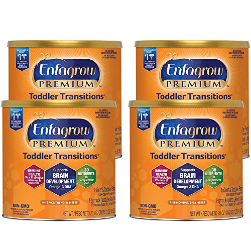 Enfagrow PREMIUM Toddler Transitions Baby Formula Milk Powder, 20 Ounce (Pack of 4), Omega 3 DHA, Iron