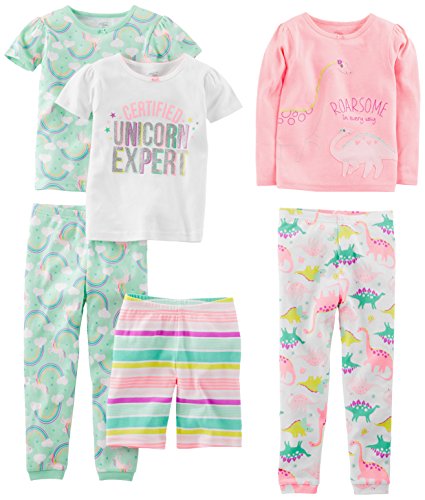 Simple Joys by Carter's Toddler Girls' 6-Piece Snug-Fit Cotton Pajama Set, Mint Green Rainbow/Pink/White Dinosaur/Stripe/Unicorn, 3T