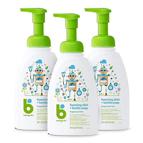Babyganics Foaming Dish & Bottle Soap, Pump Bottle, Fragrance Free, Plant-Derived Cleaning Power, Removes Dried Milk, 16 Fl Oz, (Pack of 3), Packaging May Vary