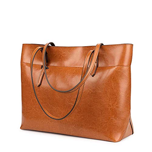 Kattee Vintage Genuine Leather Tote Shoulder Bag for Women Satchel Handbag with Top Handles (Light Brown)
