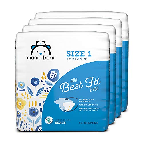 Amazon Brand - Mama Bear Best Fit Diapers Size 1, 216 Count, Bears Print (4 packs of 54) [Packaging May Vary]