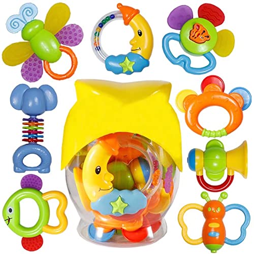 Baby Teether Rattles Sets Toy,Babies Grab Shaker and Spin Rattle Toy Early Educational Toys with Owl Bottle Set for 0,3,6,9,12 Month Newborn Toys Baby Boy Girl
