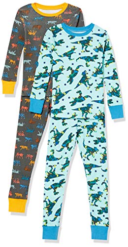 Amazon Essentials Unisex Kids' Snug-Fit Cotton Pajama Sleepwear Sets, Pack of 2, Blue/Washed Black, Camo/Dinosaur/Tiger, 6-7