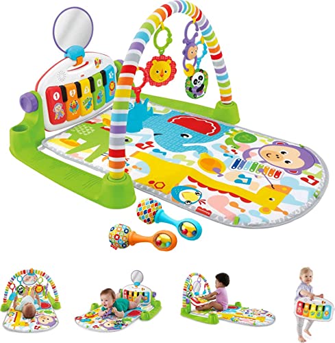 Fisher Price Baby Playmat Deluxe Kick & Play Piano Gym & Maracas with Smart Stages Learning Content, 5 Linkable Toys & 2 Soft Rattles (Amazon Exclusive)