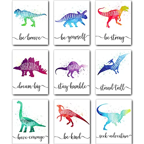 Zonon 9 Pcs 8 x 10 inch Dinosaur Boy Room Decor Dinosaur Watercolor Poster Wall Art Prints Dinosaur Motivational Words Inspirational Quotes Wall Decals for Nursery Classroom Kid Decoration Unframed