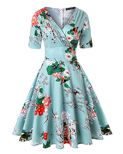 MINTLIMIT Women's Floral Printed Dress, A Line Half Sleeve V-Neck Elegant Dress Cocktail Party Dresses (Floral Blue,Size S)