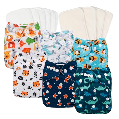 babygoal Reusable Cloth Diapers 6 Pack with 10pcs Inserts, One Size Adjustable Washable Pocket Nappy Covers for Baby Boys and Girls 6FB12