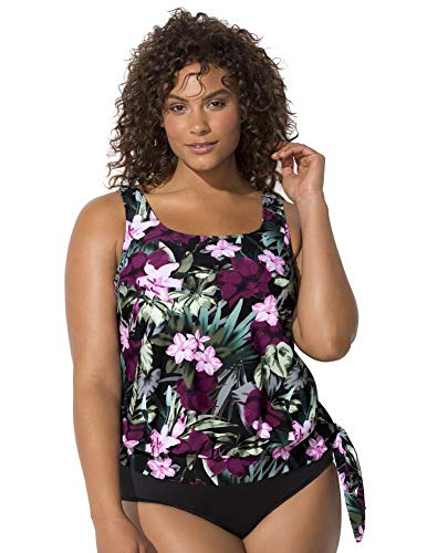 Swimsuits For All Women's Plus Size Side Tie Blouson Tankini Top 26 Wine Pink Flower Multicolored