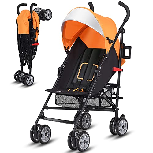 BABY JOY Lightweight Stroller, Compact Travel Stroller, Infant Stroller w/Adjustable Backrest & Canopy, Cup Holder, Storage Basket, 5-Point Harness, Easy Fold, Umbrella Stroller for Toddler, Orange