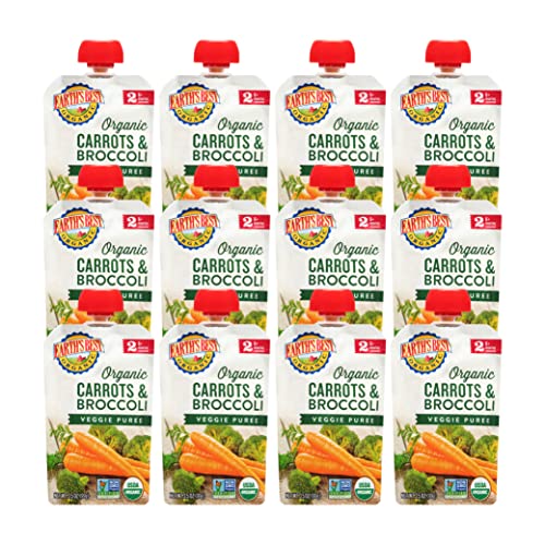 Earth's Best Organic Baby Food Pouches, Stage 2 Vegetable Puree for Babies 6 Months and Older, Organic Carrots and Broccoli Puree, 3.5 oz Resealable Pouch (Pack of 12)