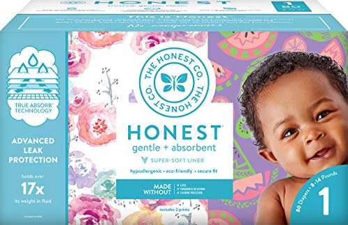 The Honest Company Club Box Diapers with TrueAbsorb Technology, Rose Blossom & Sliced Fruit, Size 1, 80 Count