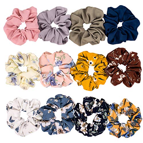 Whaline 12 Pack Chiffon Hair Scrunchies Large Hair Bow Elastic Hair Bands Ponytail Holder for Women and Girls