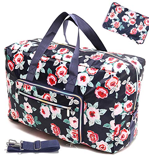 Large Foldable Travel Duffel Bag, Sports Tote Gym Bag For Women with Trolley Sleeve Weekender Overnight Carry On Checked Luggage Bag Hospital Bag Tote Shoulder Handbag Bag (flower rose)