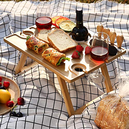 Ollieroo Portable Wine Picnic Table, Foldable Bamboo Snack Table with Wine Bottle and Glass Holder for 2 or 4